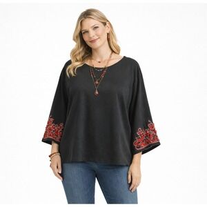 Bob Mackie Boho Bell Sleeve Tunic Top Women 2X Black Embroidered Art Rocks NWT